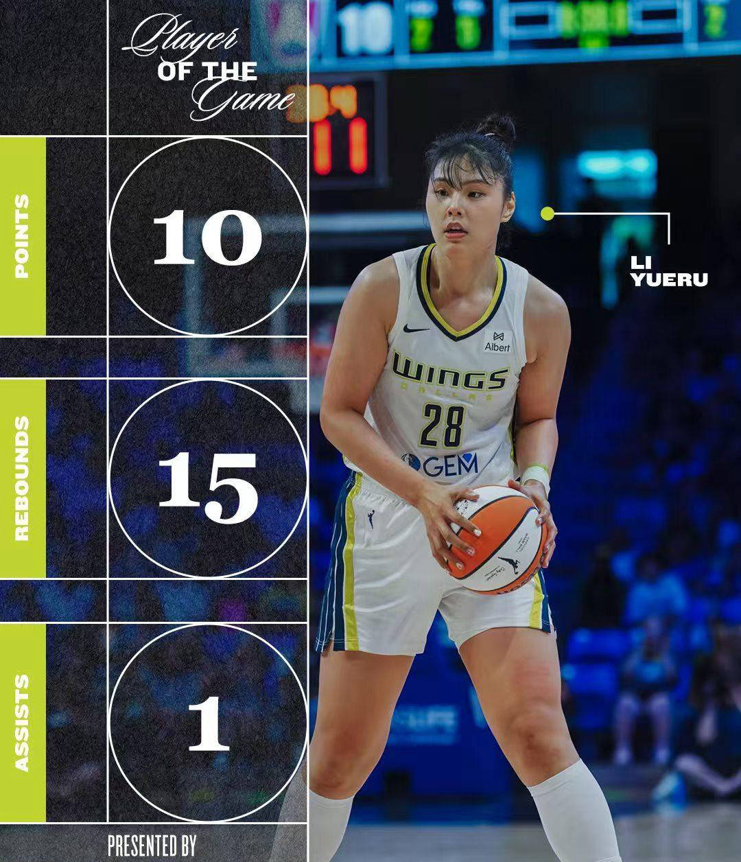 李月汝首发砍10分15板篮板创WNBA生涯新高